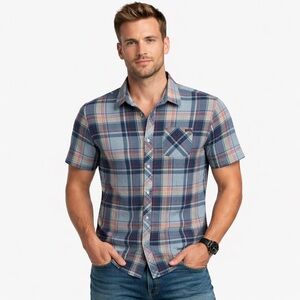 Columbia Plaid Button Down Shirt Men’s Medium Blue Red Short Sleeve Casual